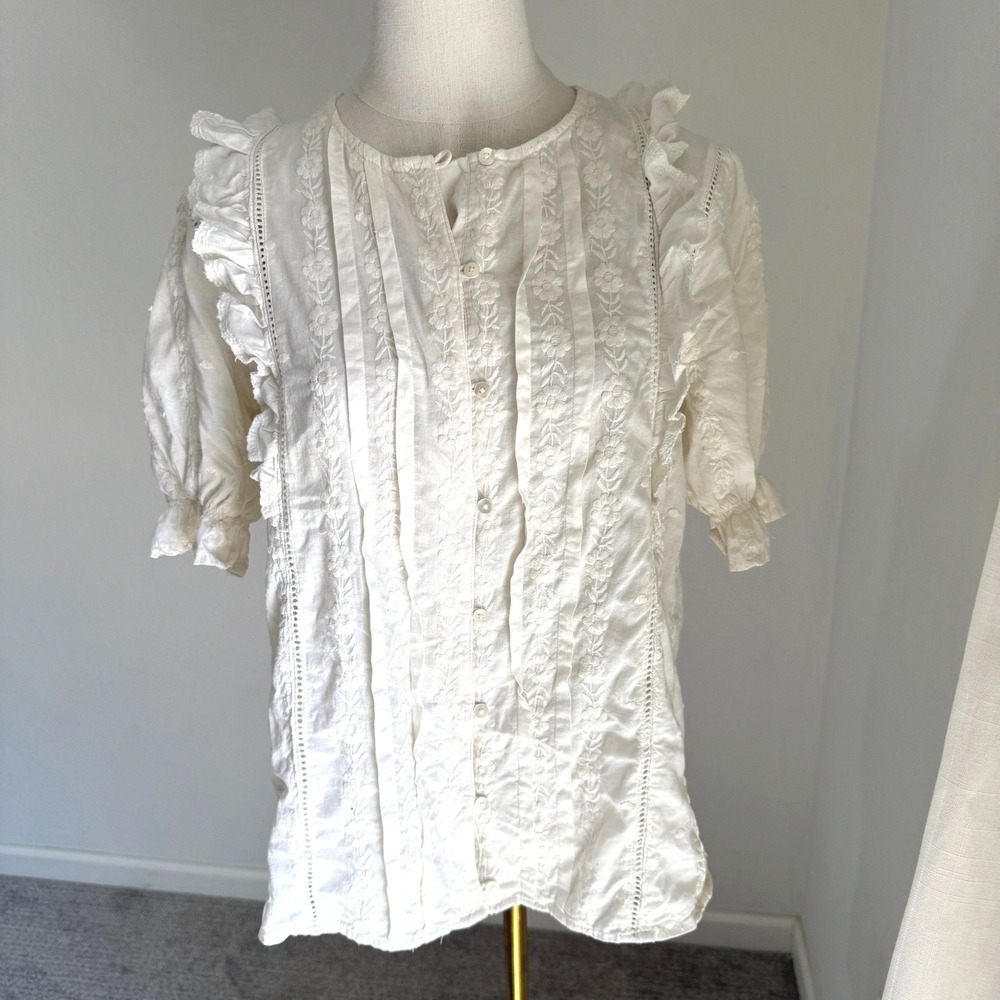 Sezane Paola White Embroidered Lace Blouse Top Feminine French Romantic Large/XL